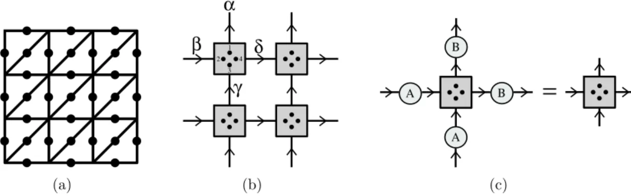 Figure 2.1: (a) Lattice under consideration, with the spins living on the links. (b) Tensor network for Z N gauge theory