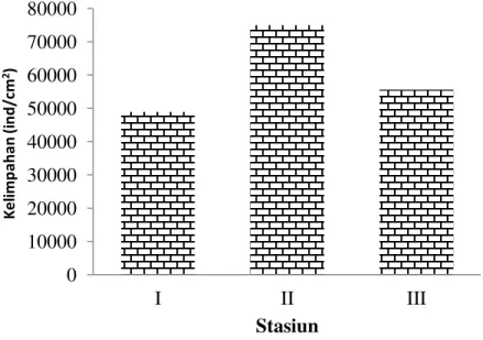 Gambar 2. Histogram Kelimpahan Diatom Epifit Pada Setiap Stasiun  Berdasarkan  Gambar  2  diketahui  bahwa  kelimpahan  diatom  epifit  tertinggi  terdapat  pada  Stasiun  II  yaitu  75.013  ind/cm 2   sedangkan  kelimpahan  terendah  terdapat  pada  Stasi