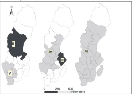 Figure 4. Geographical area of each case study (Papers II-VI). The shaded area covers the area  where most of the producers and customers within each case study are found