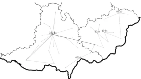 Fig. 6 A map illustrating the solution for Ω = 1. The numbers correspond to the installed capacities, black arrows indicate the use of the railroad and grey arrows the use of roads