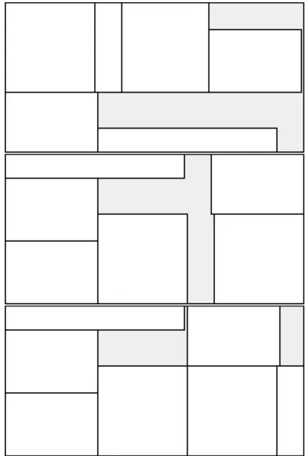 Figure 2.2: Optimal solutions for an unweighted seven items instance: two-stage 2KP (left), restricted guillotine 2KP (center), guillotine 2KP (right).