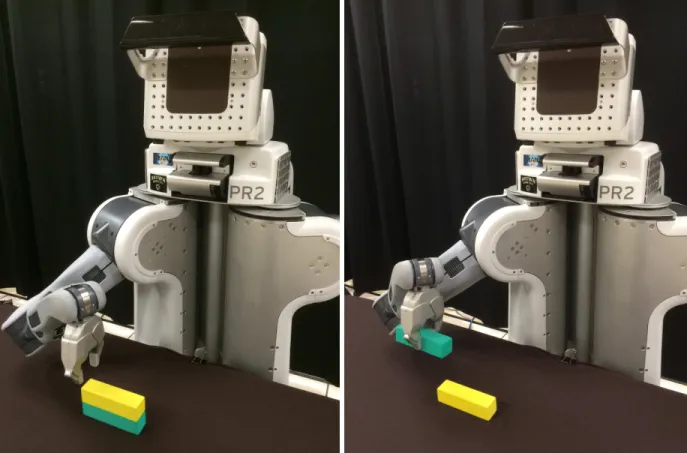 Figure 3.2: Example of a robot needing to grasp an object (the green block) in a simple stack scene