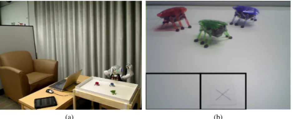 Figure 4.1: (a) Experimental setup, (b) View of the table from the Nao’s on-board camera