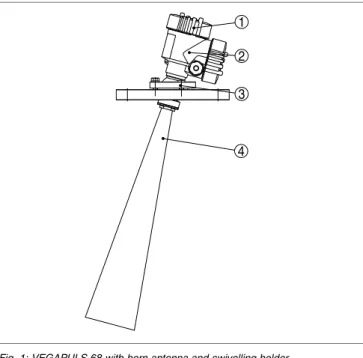 Fig. 1: VEGAPULS 68 with horn antenna and swivelling holder 1 Housing cover with integrated PLICSCOM (optional) 2 Housing with electronics