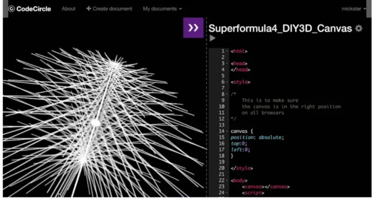 Figure 9 shows a 3D superformula algorithm being explored by a student, who are themselves  extending one of the given examples provided on the platform