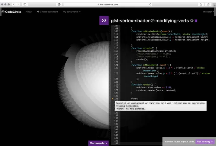 Figure 10: Note the white pop-up window and hazard symbol above, clearly indicating code errors  on line 131, and providing relevant reparatory advice