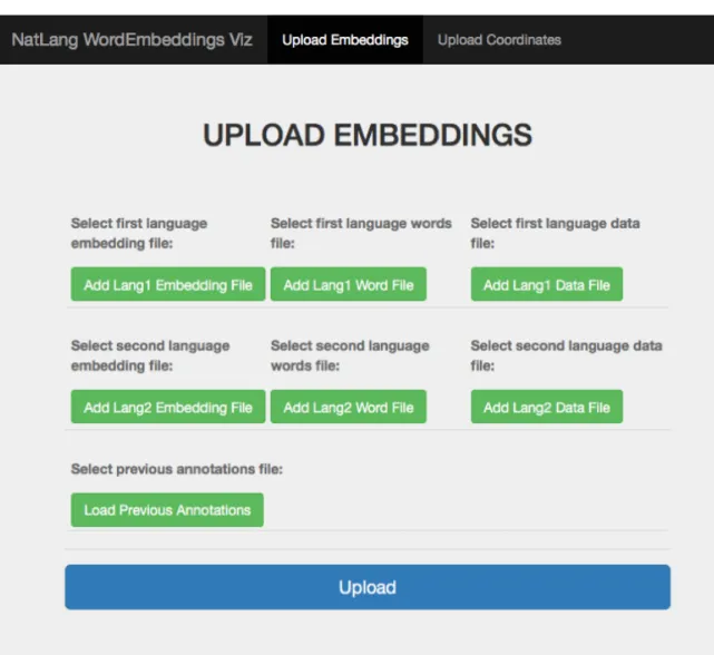 Figure 2.1: WordEmbeddingsViz upload screen: Here, the user can upload bilingual word embeddings, word list, training corpus and alignments (optional)