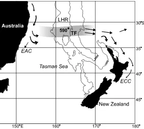 Fig. 1. Location map showing hydrography of the Tasman Front (TF), bathymetry of the Lord Howe Rise (LHR) and positionof DSDP site 590