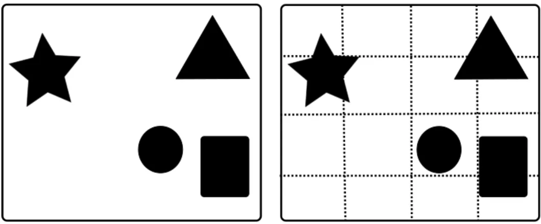 Figure 4.1 Left: Scene used for demonstrating the space partition algorithms. Right: A grid partitions the space into equally sized boxes