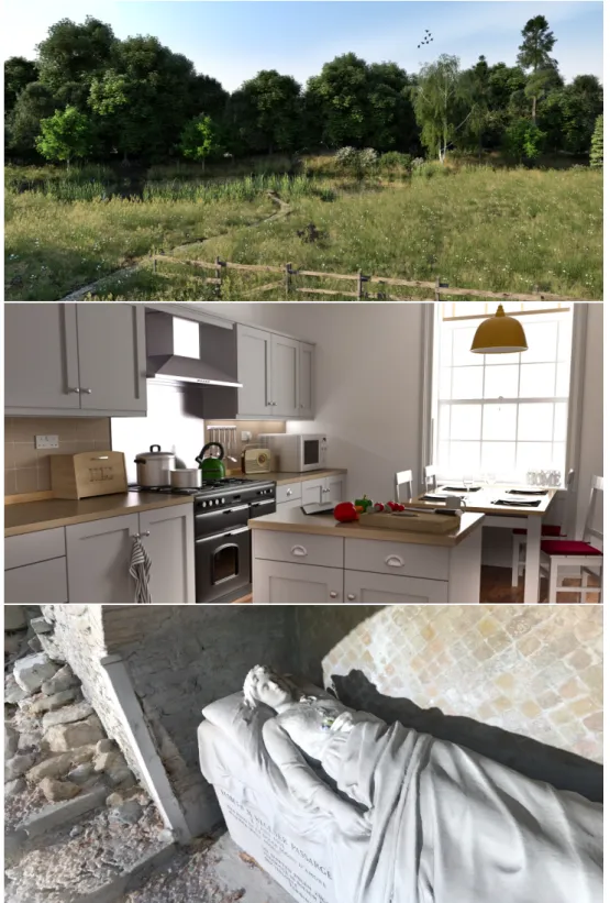 Figure 1.1: Examples of scenes rendered with path tracing. The top two images were rendered using PBRT ( http://www.pbrt.org )