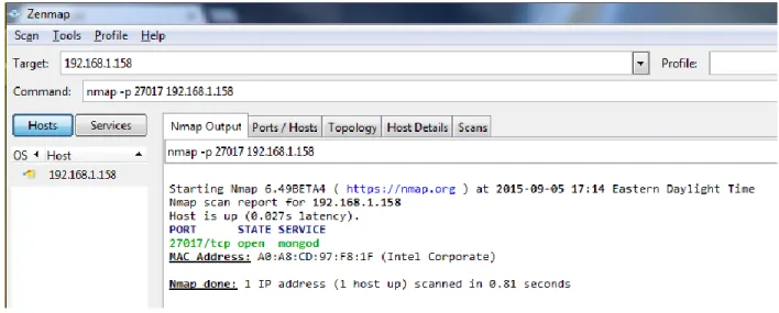 Figure 11:  Zenmap checking that the mongoDB port is open 