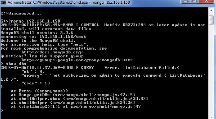 Figure 15: Attacker connecting to mongoDB server and failing to list databases 