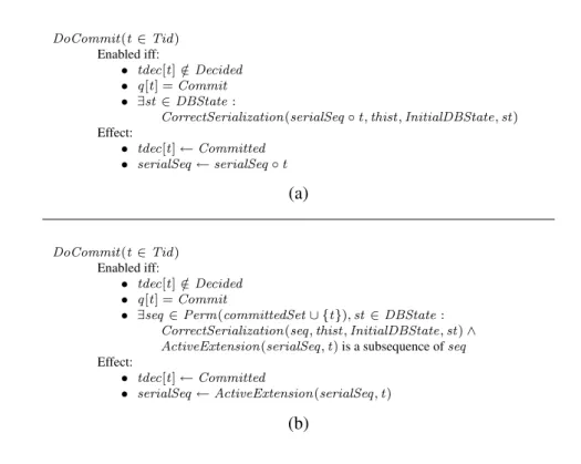 Figure 2.2: DoCommit action for (a) strict and (b) active order-preserving serializability.