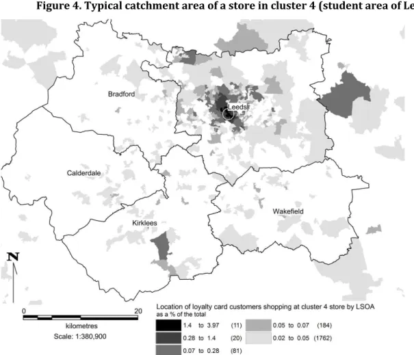 Figure 4. Typical catchment area of a store in cluster 4 (student area of Leeds) 