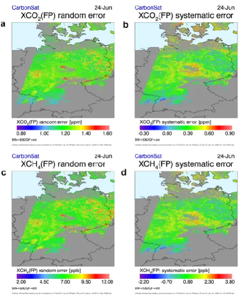 Fig. 7. XCO2 and XCH4 random (a and c) and systematic (b andd) retrieval errors for a single satellite overpass over Germany as-suming a swath width of 500 km