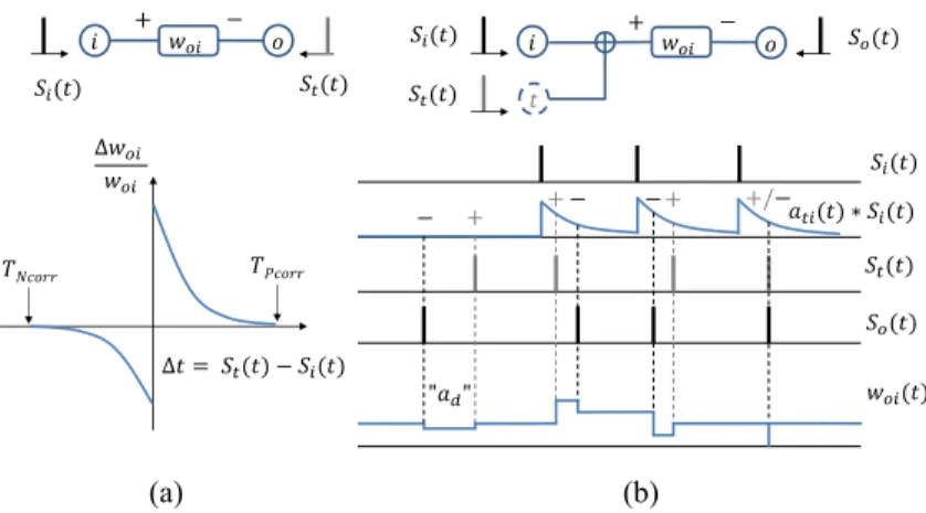 Figure 7: Spike-timing-based learning rules and diagrams of neuron connections. (a) STDP learning rule; (b) ReSuMe learning rule.