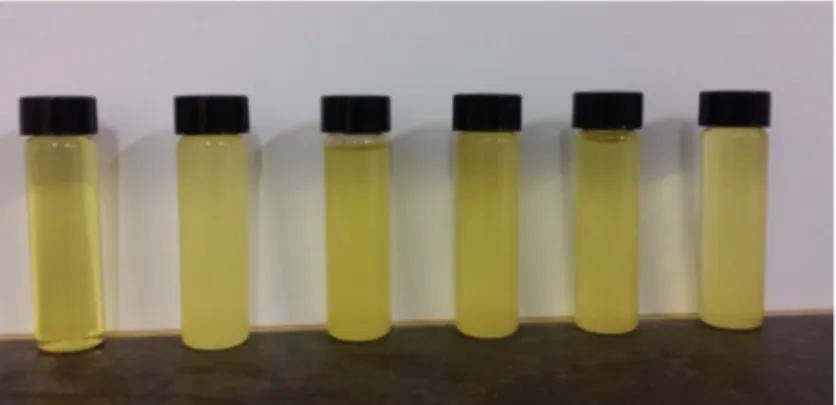 Figure 1. Fuel samples (from left to right): Diesel, J100, J100A100, J100A50, J10°C100 and J10°C50