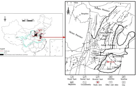 Fig. 1 Structure outline map of Huaibei Coalfield and location of study area 