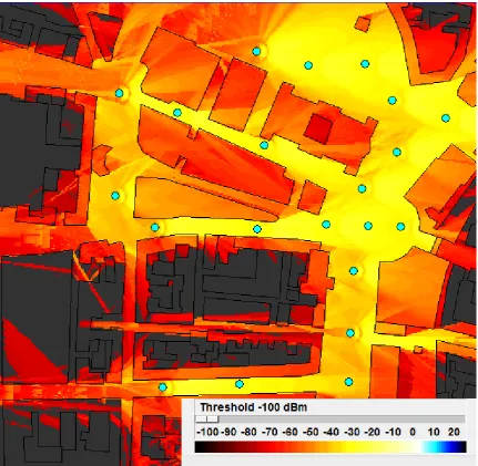 Figure 3.7: Maximum RSRP map for Stachus Square, Munich city centre, 21-picocell deployment.