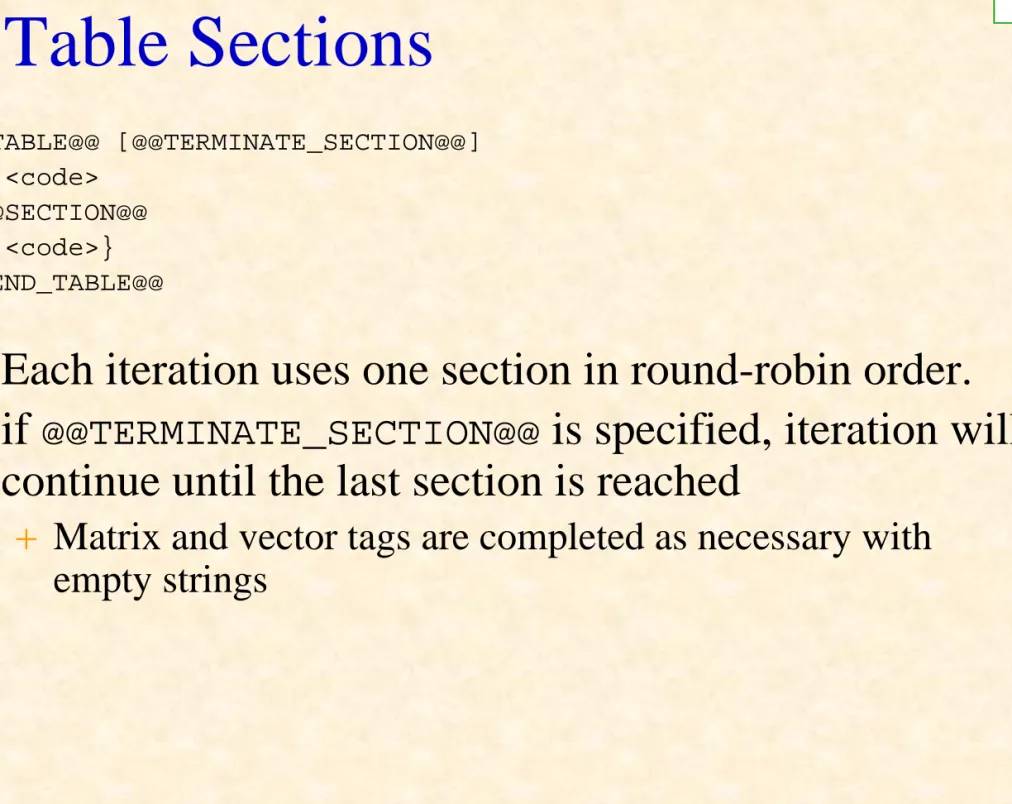 Table Sections @@TABLE@@ [@@TERMINATE_SECTION@@] <code> {@@SECTION@@ <code>} @@END_TABLE@@