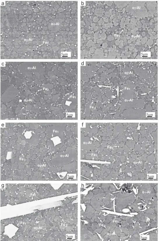 Fig. 4. Backscattered SEM micrographs showing the morphology of Fe-rich intermetallics in the diecast alloy with different amounts of Fe and Mn, (a) 0.54Mn, 0.21Fe, (b) 0.02Mn, 0.09Fe, (c) 0.54Mn, 0.62Fe, (d) 0.02Mn, 0.63Fe, (e) 0.54Mn, 1.24Fe, (f) 0.02Mn,