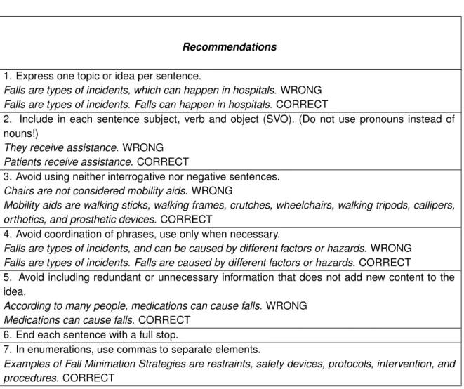 Table 2.3: Recommendations for Task 1.