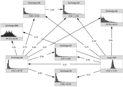 Figure 3. The Bayesian Network model for the Buffalo Bayou catchment. The boxes represent the nodes and the arrows the arcs