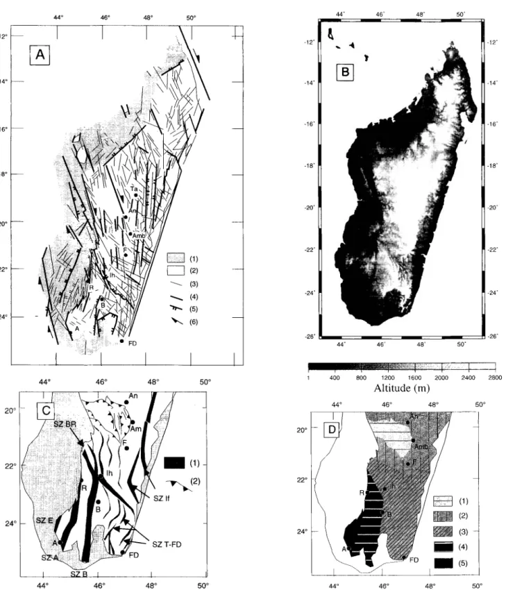 Fig. 3.  Metamorphic and  strain patterns in  Madagascar.  A  :  Map of  brittle  structures  in  Madagascar