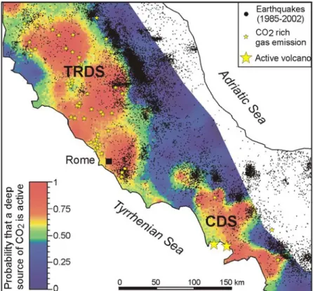 Fig. 2.1 Map of Earth degassing in central south Italy The figure shows the probability that a deep  source of carbon is present at any location (Chiodini et al., 2004 GRL)