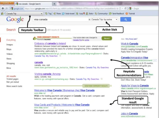 Fig. 8 An example of HeyStaks in action with Google. The HeyStaks toolbar is shown as a browser toolbar and provides the user with access to various features such as stak creation and sharing, and feedback options, such as voting and tagging