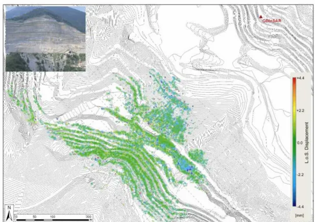 Figure	
   5	
   shows	
   a	
   displacement	
   map	
   obtained	
   during	
   GBInSAR	
   monitoring	
   of	
   a	
   120-­‐m-­‐high	
   rock	
   slope	
  in	
  a	
  limestone	
  quarry	
  in	
  northern	
  Italy	
  (Barla	
  et	
  al.	
  2013).	
  Des