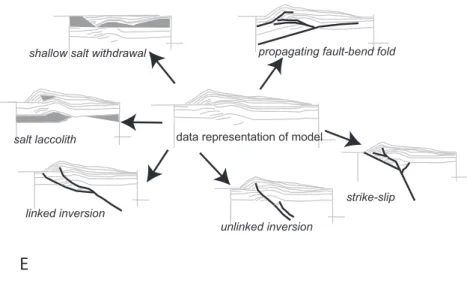 Figure  2.  Production  of  the  geological  framework  model.  (A–D)  show  stages  of  the  forward  modeling in 2DMove (the model used the inclined shear algorithm, and isostasy and  compaction were assumed not to have first order effects)