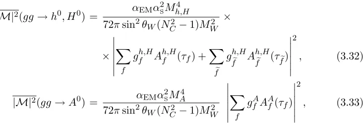 Table 4: Higgs coupling coeﬃcients in the MSSM to isospin +1/2 and −1/2 fermions and to thegauge bosons W ±, Z0, as ﬁrst appearing in eqs