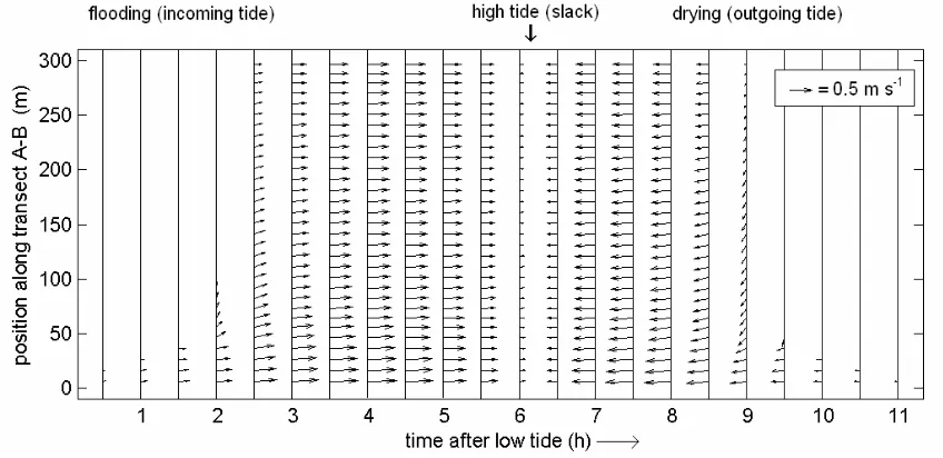 Figure 21: Velocity vector over AB as varying over a tidal cycle.