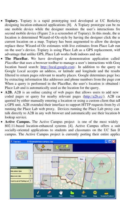 Fig. 2. A screenshot of Topiary, a prototyping tool for location-aware  applications. Topiary uses Place Lab to allow the prototypes to use live location  estimates 