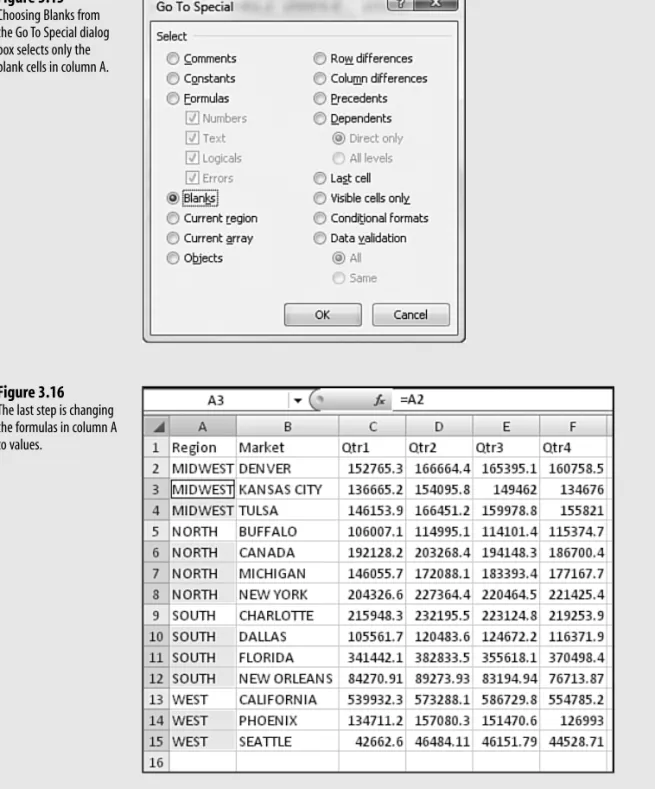 Figure 3.15 Choosing Blanks from the Go To Special dialog box selects only the blank cells in column A.