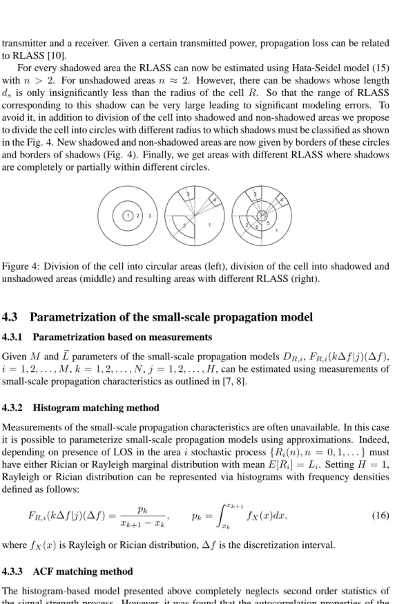 Figure 4: Division of the cell into circular areas (left), division of the cell into shadowed and unshadowed areas (middle) and resulting areas with different RLASS (right).