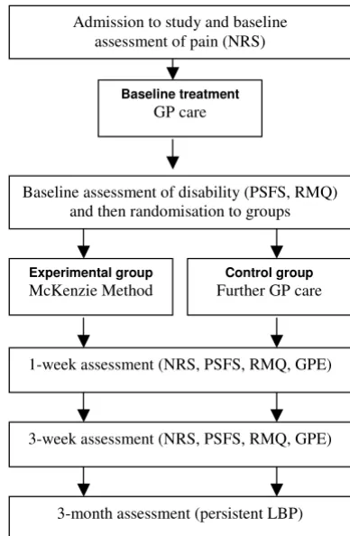 Figure 1Flow of participants through the studyFlow of participants through the study. Legend: GP – General practitioner; NRS – Numeric pain rating scale; PSFS – Patient-specific functional scale; RMQ – Roland-Morris questionnaire; GPE – Global perceived effect; LBP – Low back pain.