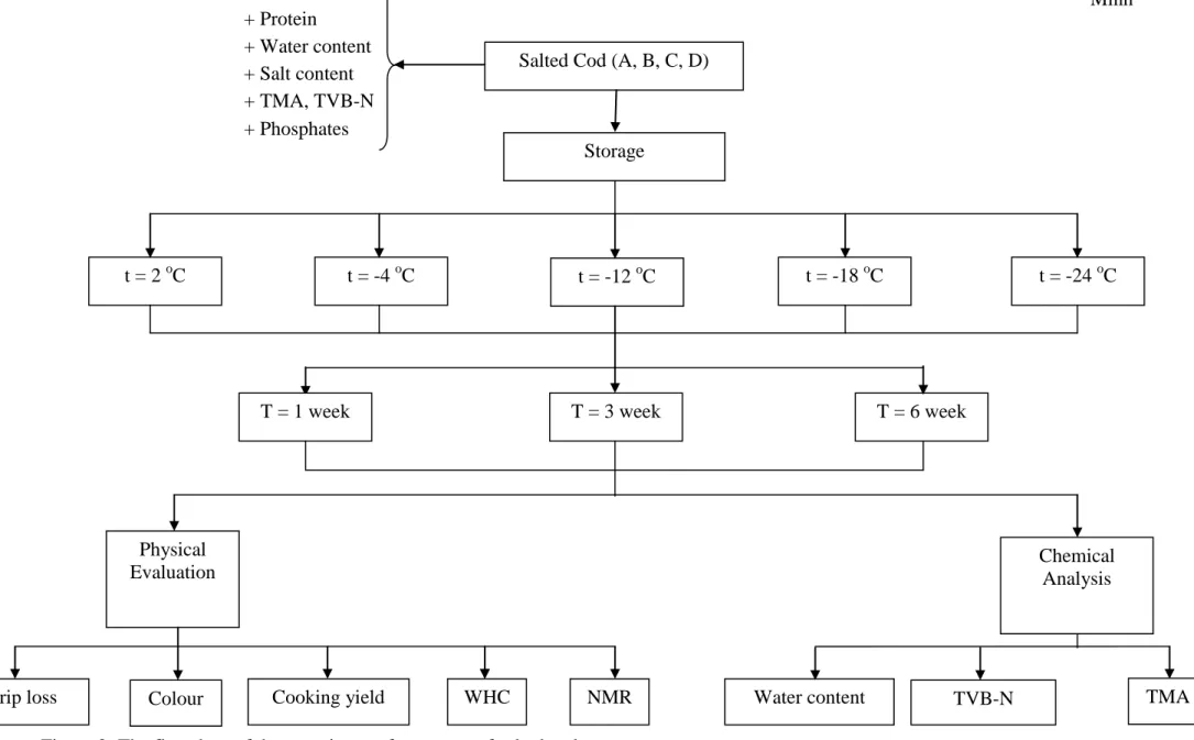 Figure 2: The flowchart of the experiments for storage of salted cod  Water content + Water content + Salt content + TMA, TVB-N + Phosphates 