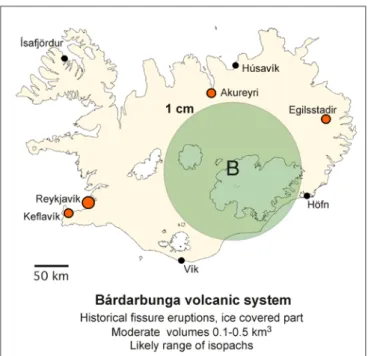 Figure 5a.  Likely maximum range of the 1 cm isopach of tephra in a moderate explosive basaltic eruption  (based on Sigurgeirsson et al