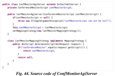Fig. 44. Source code of ConfMonitorAgiServer Our server is launched during the initialization of our program. We do that by starting a new thread –  from the run() method in our Main class – that instantiates and run the server (see Fig. 45)