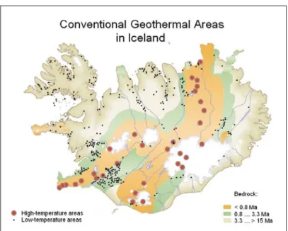 Fig. 2: Location of the conventional geothermal areas in Iceland. While the high- high-temperature fields are located within the active volcanic zone running through Iceland from  south-west to north-east, the low-temperature fields are mostly in areas fla