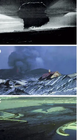 Figure 1. Examples of hazards caused by volcanic activity in Iceland: (a) The 28 km high plinian eruption column of Hekla in 1947