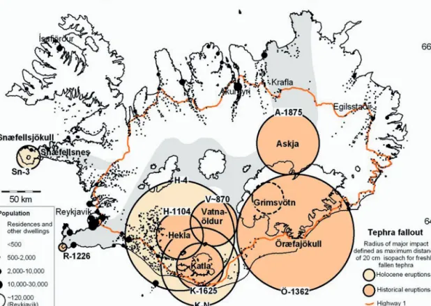 Figure 3. Areas that may receive over 20 cm of tephra fall in major explosive eruptions are indicated with circles around volcanoes or ssure swarms where explosive activity is common or the dominant mode of activity
