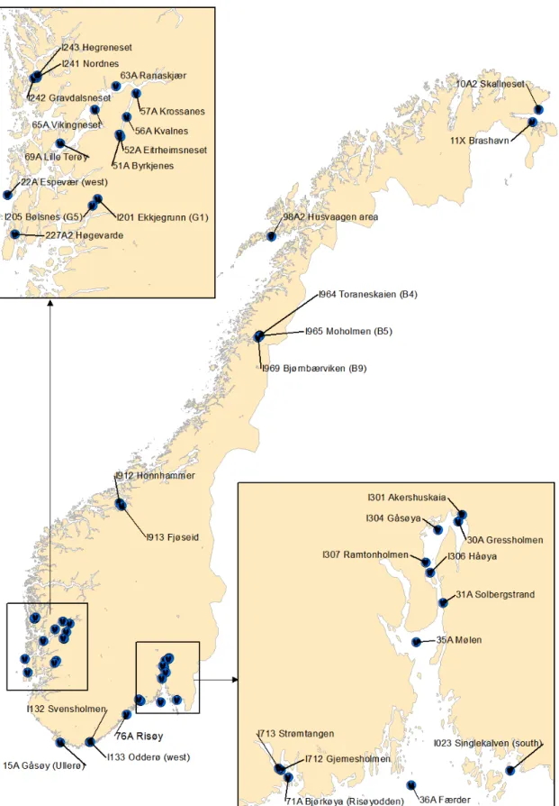 Figure 1. Stations where blue mussel was sampled in 2011. See also station information in Appendix E and  detailed maps in Appendix F