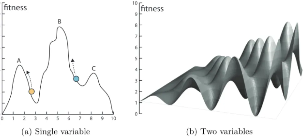 Figure 2.1: Solution landscapes for optimization problems with one (a) and two (b) variables.