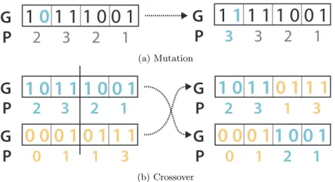 Figure 2.3: Crossover and mutation of genotypes and what happens to their phenotypes. (a) shows a mutation where a bit is flipped, (b) shows a crossover where two parents are split and combined to create two offsprings.