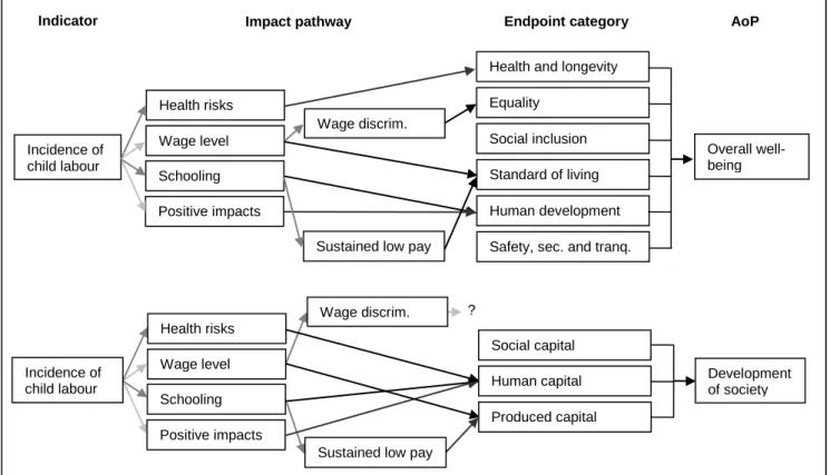 Figure 1: The child labour impact pathway. The figure sums up the analyses of the correlation  between indicator and impact on the AoP and shows how a certain ‘amount’ of a given 