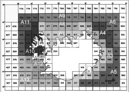 Fig. 3. Partition of Icelandic waters into 13 different areas (A1-A13). The figure also shows the locations of two harbors, A and B and the fish processing plant F
