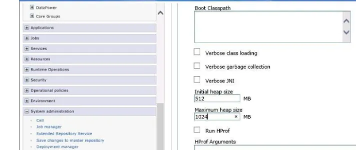Figure 9. Edit JVM Memory Settings for the deployment manager